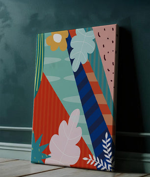 Abstract floral geometric design with vibrant colors and bold patterns