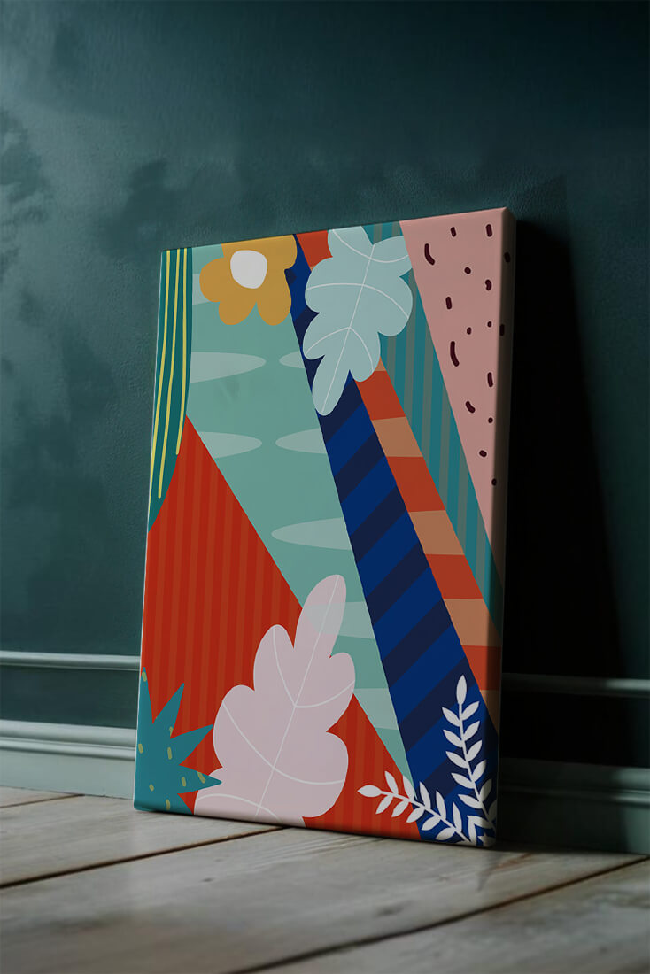 Abstract floral geometric design with vibrant colors and bold patterns