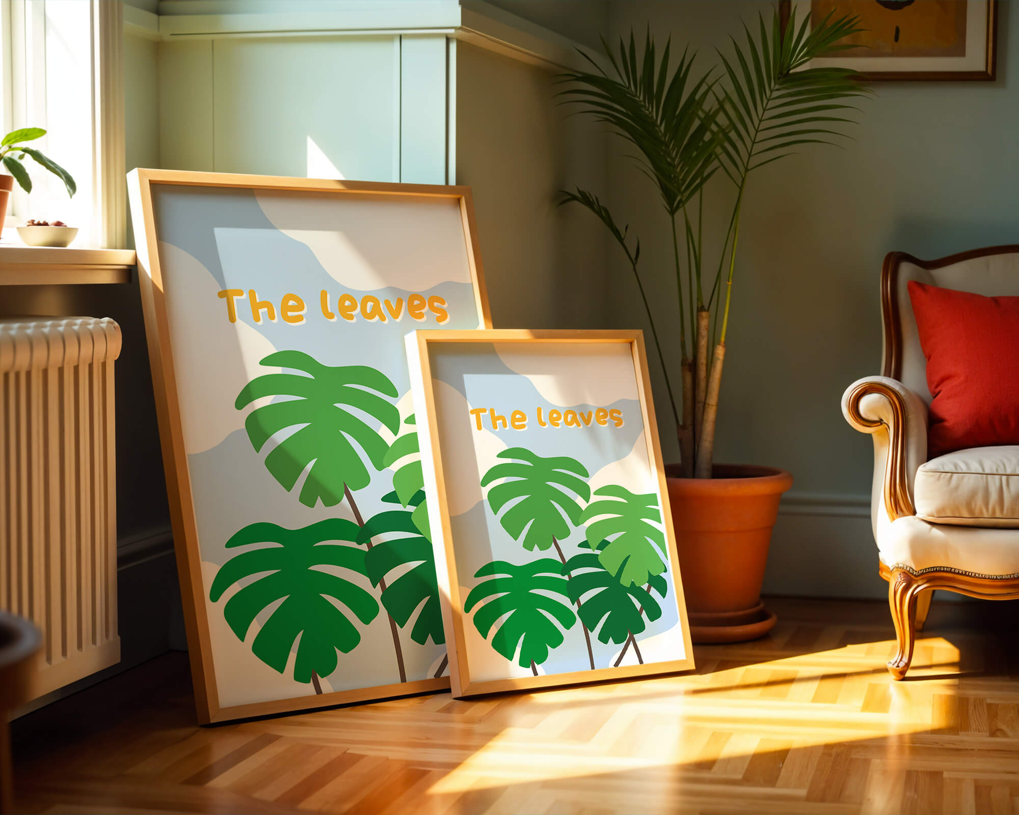 Illustrative tropical leaves with blue sky background for home decor