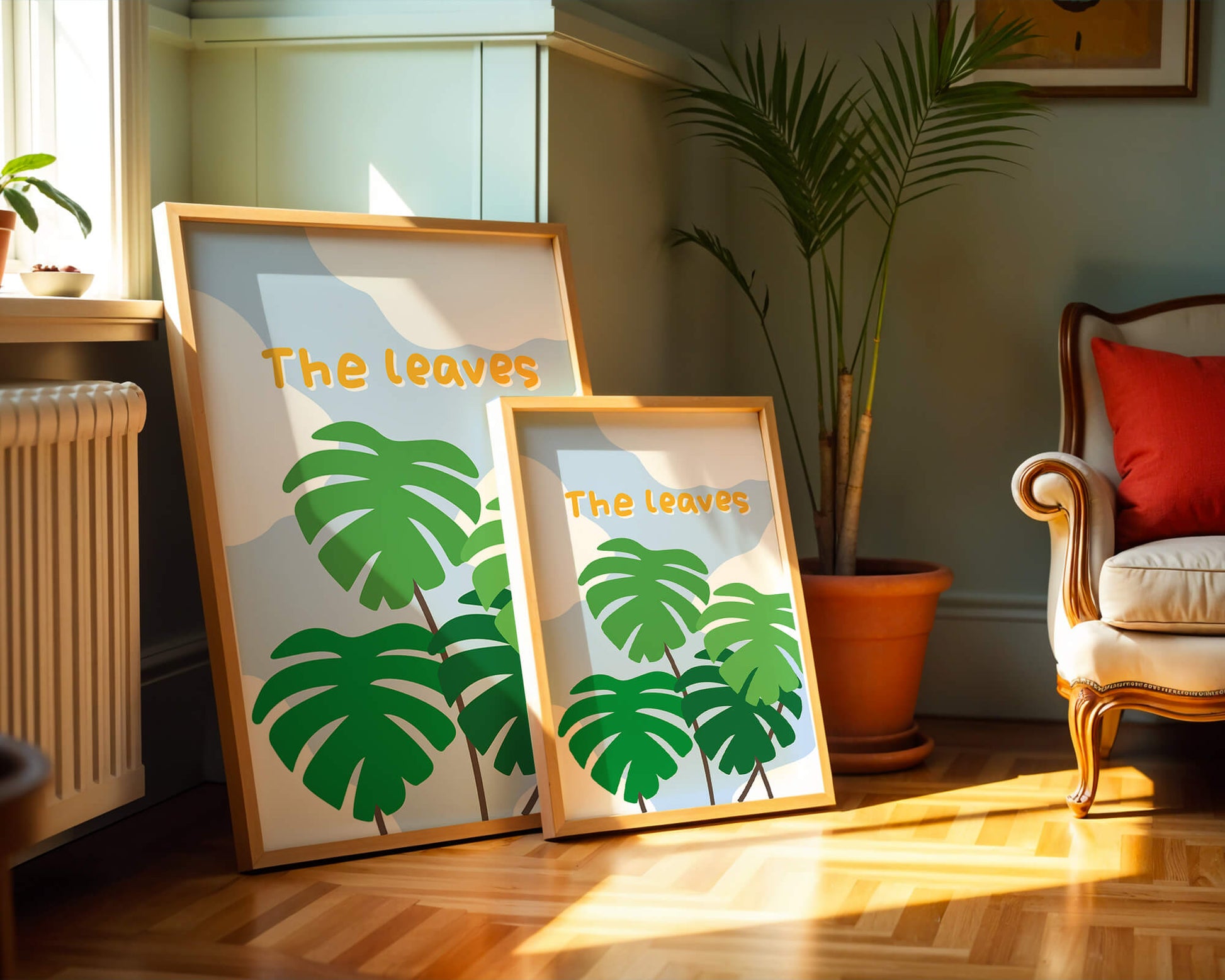 Illustrative tropical leaves with blue sky background for home decor