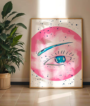Abstract Eye Illustration with Pink Background and Blue Accents - Mi tienda