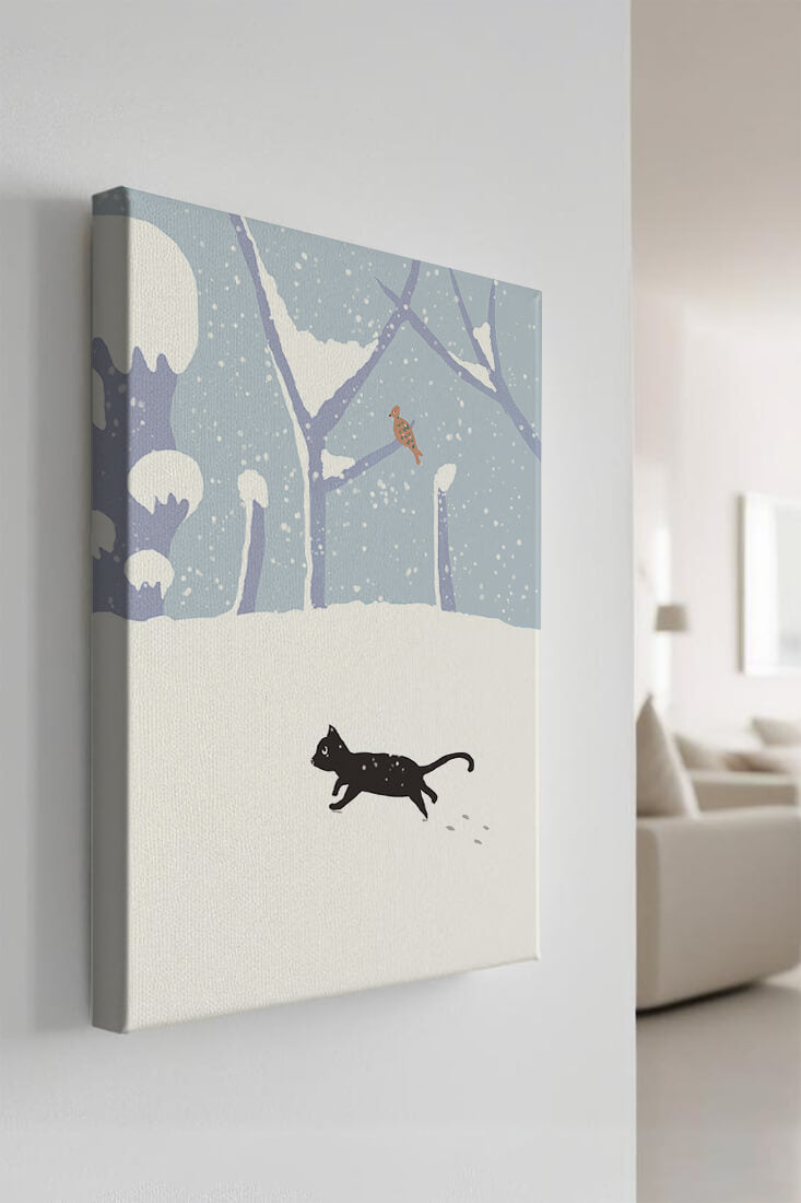 Illustrated snowy landscape with playful black cat and bird in winter scenery