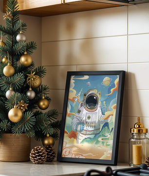 Colorful illustration of an astronaut in space with planets and rocket
