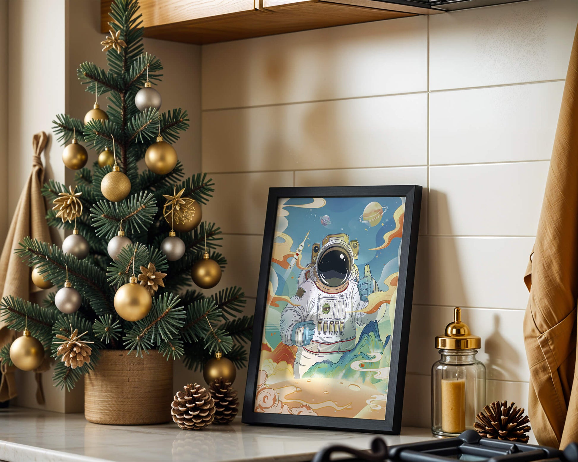 Colorful illustration of an astronaut in space with planets and rocket
