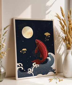 Traditional Japanese koi fish art with moonlit waves and clouds