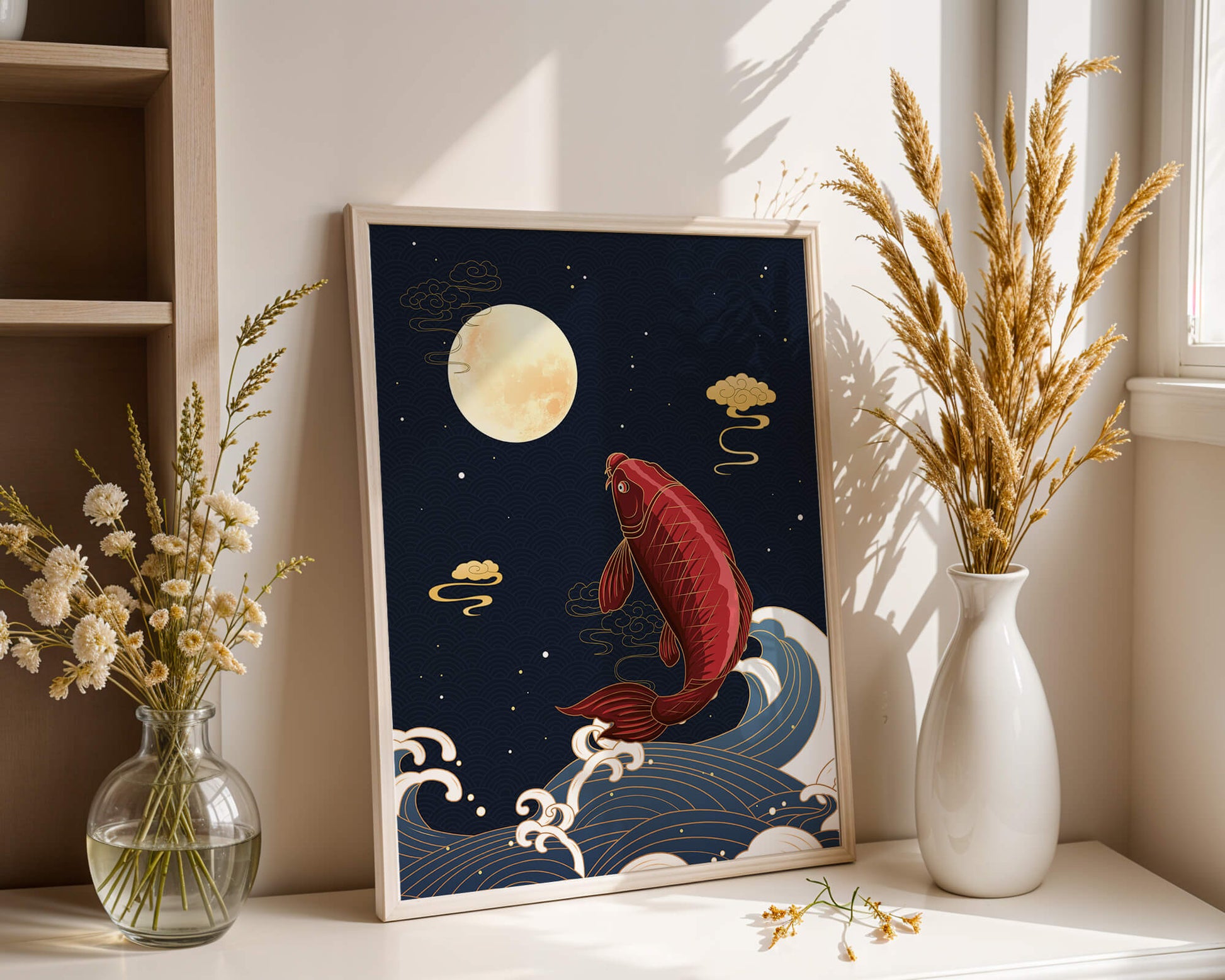 Traditional Japanese koi fish art with moonlit waves and clouds