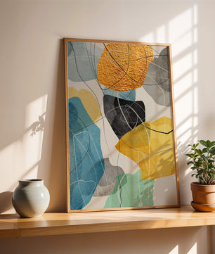 Abstrakte geometrische Kunst mit goldenen Akzenten und leuchtenden Farben