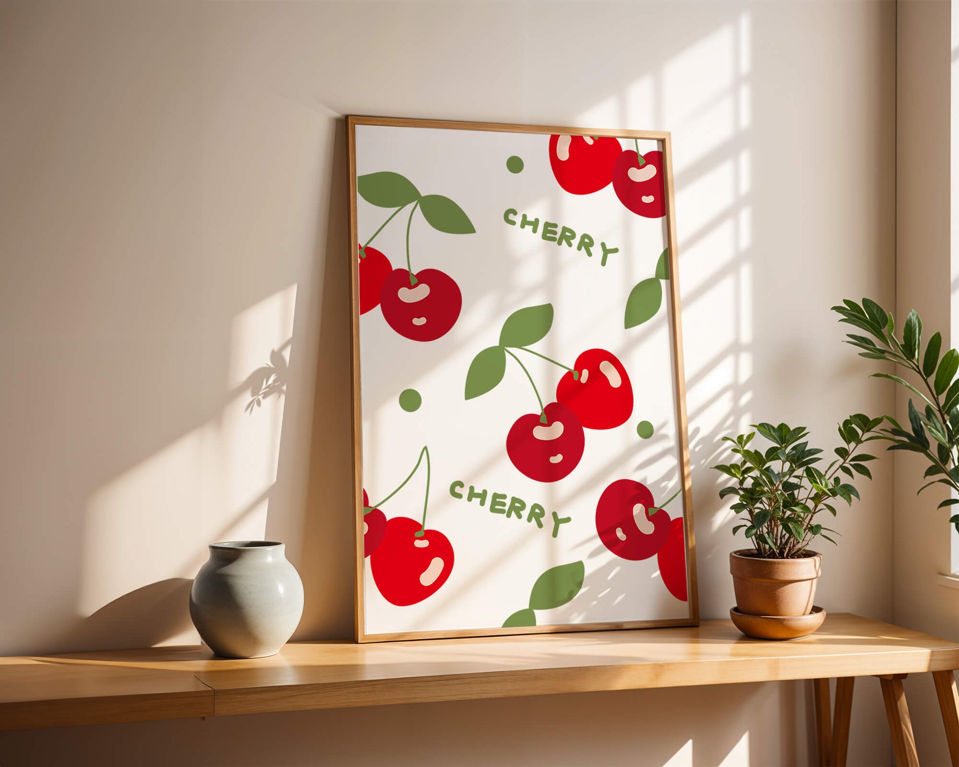Cherry pattern on black background with green leaves