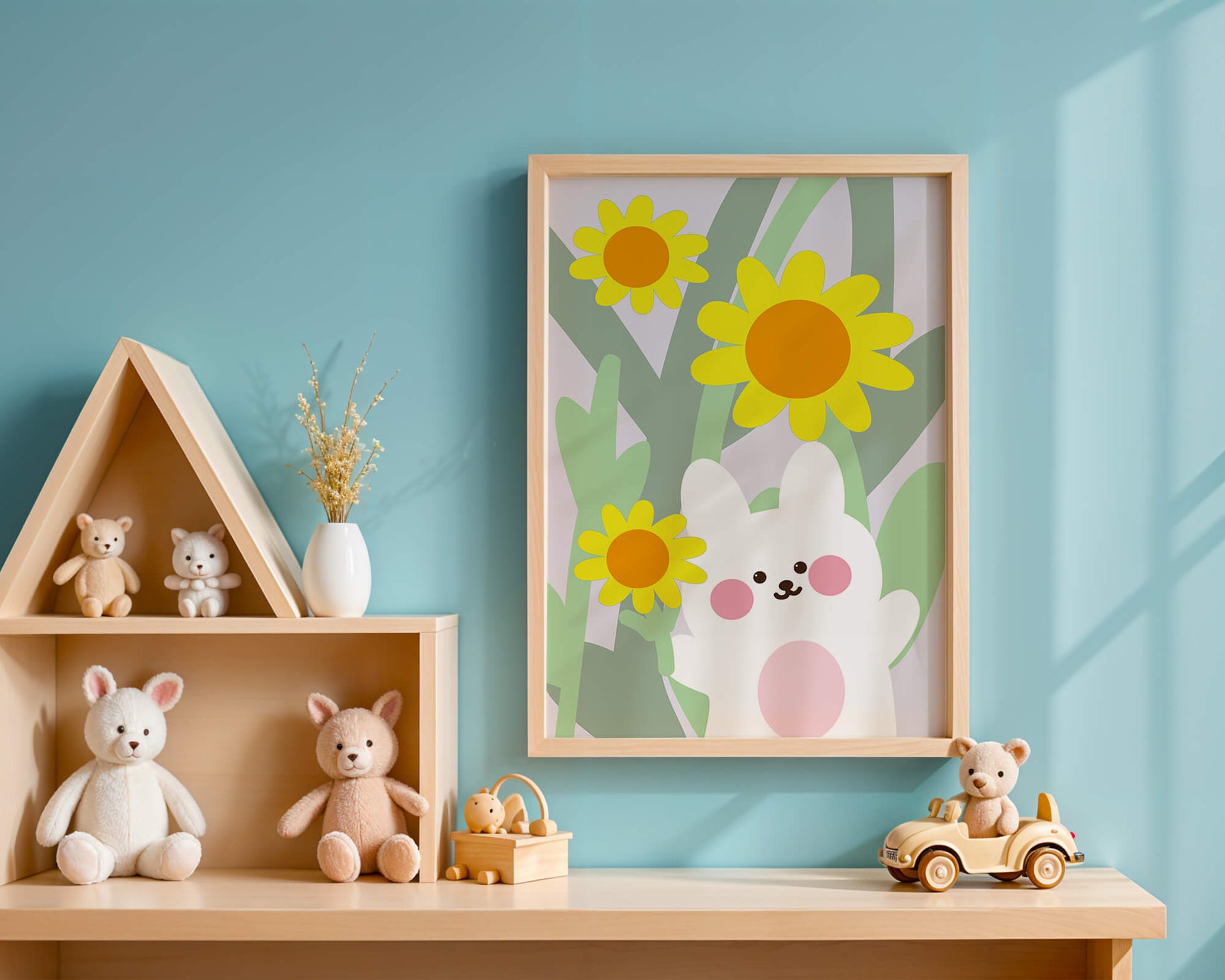 Adorable bunny with vibrant flowers cartoon illustration