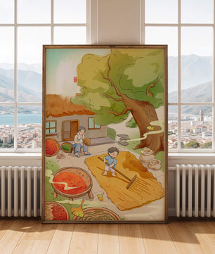 Escena rural encantadora con niño secando granos bajo el árbol