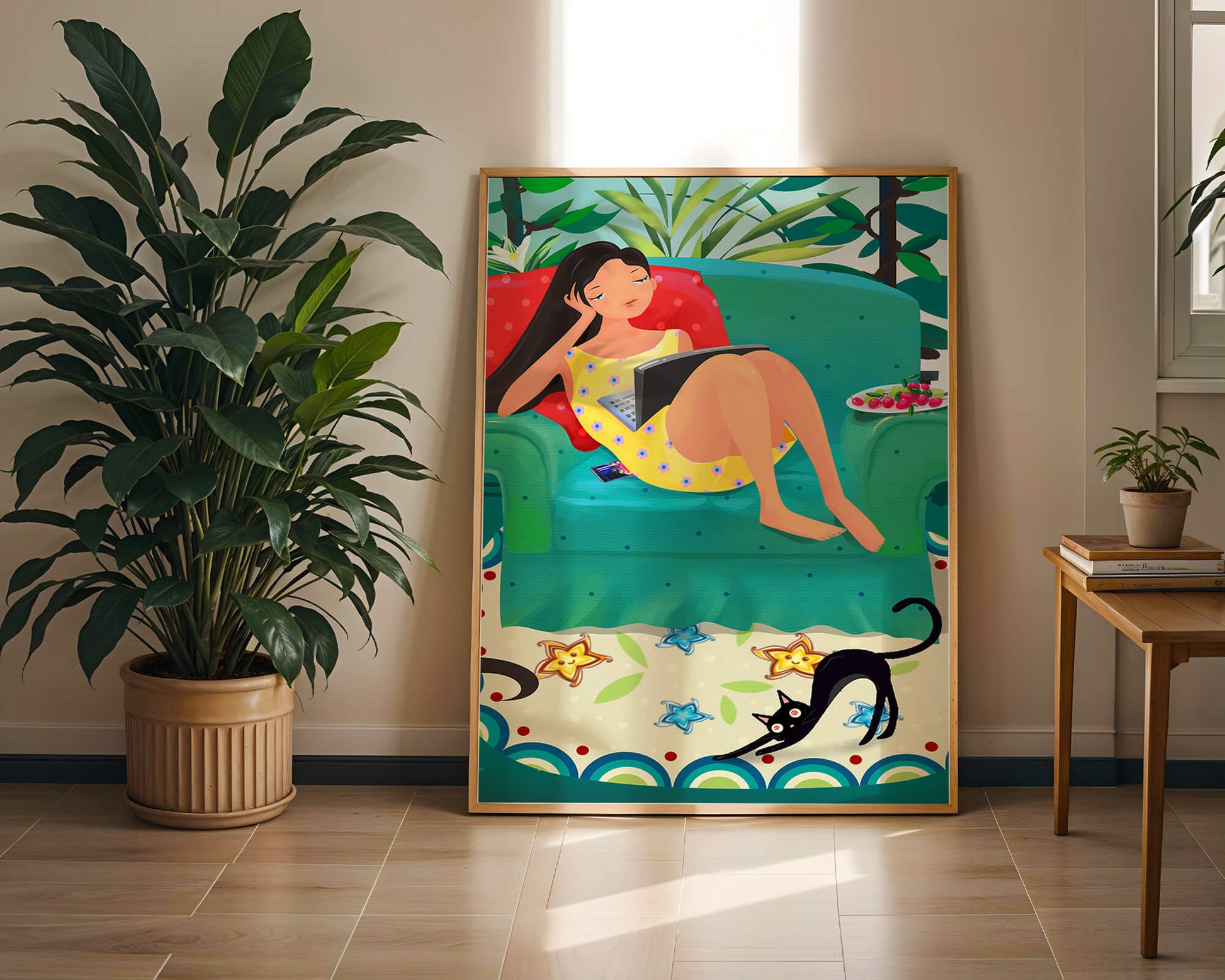 Young Woman Relaxing on Couch with Cat and Fruits in Vibrant Living Room