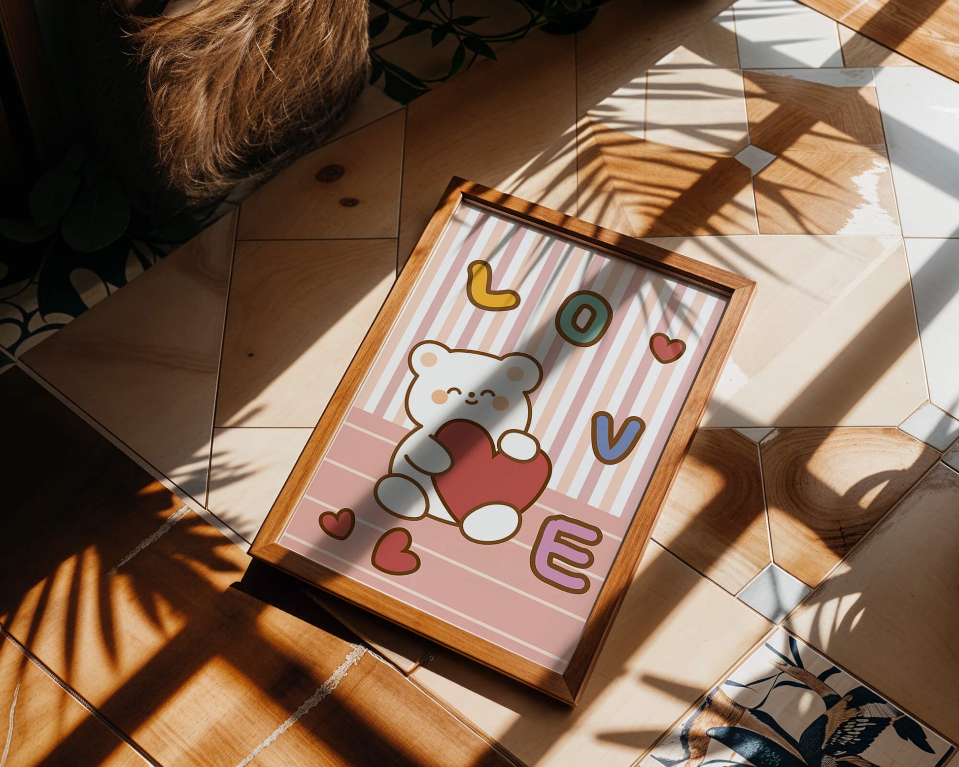 Adorable bear holding a heart in a playful love-themed illustration