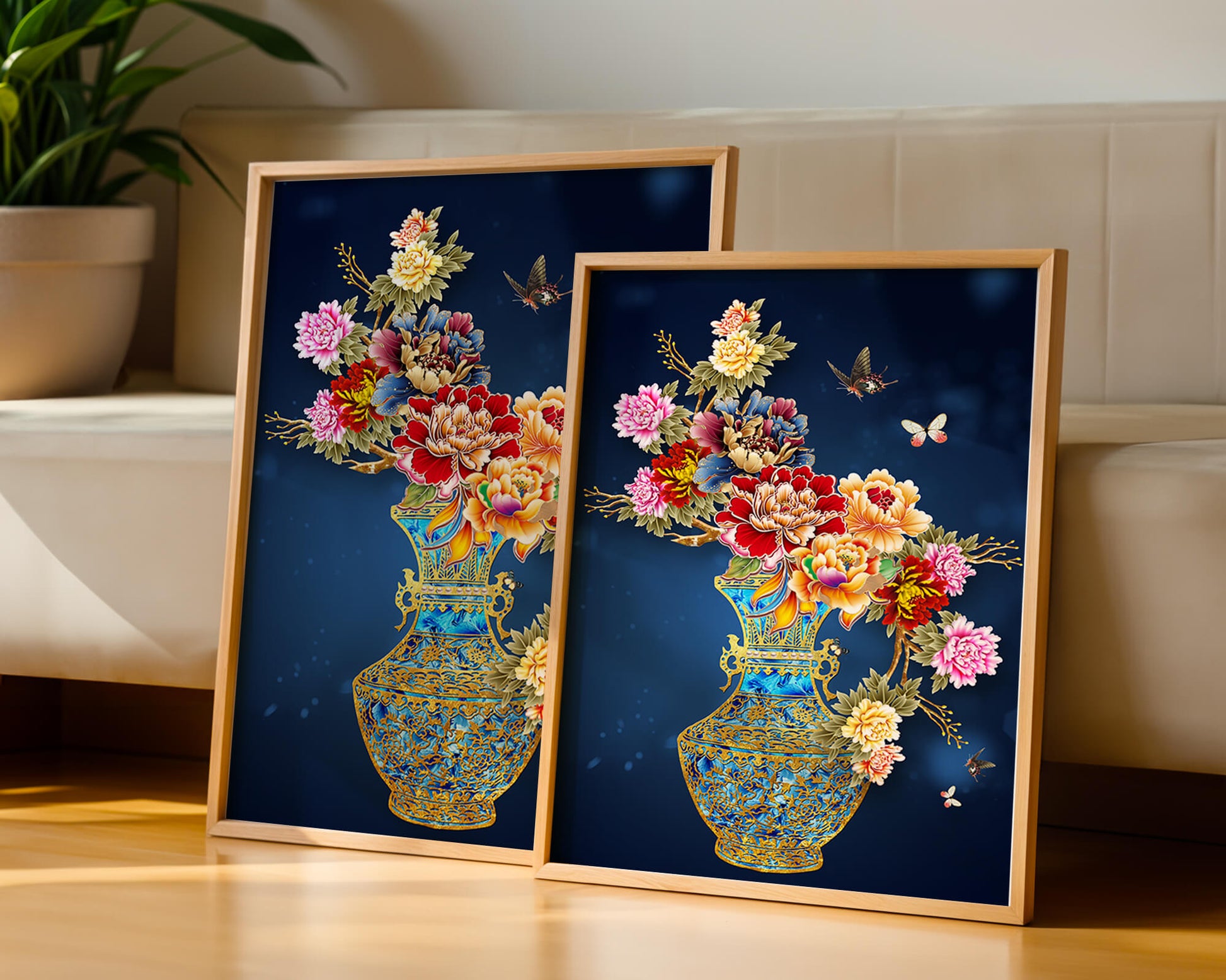 Elegant floral arrangement in ornate gold-accented vase with butterflies