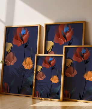 Abstract Floral Illustration with Colorful Flowers on Dark Background
