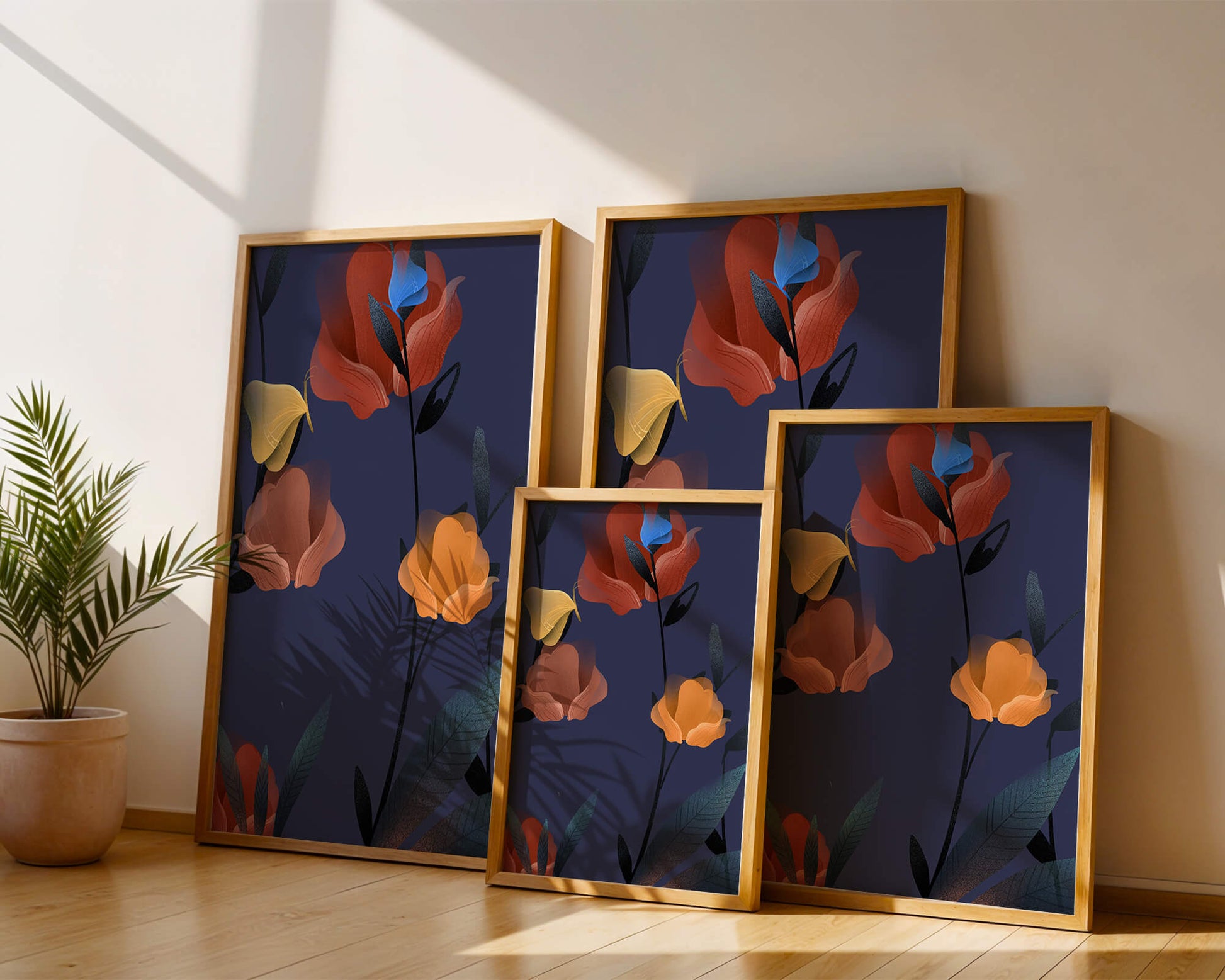 Abstract Floral Illustration with Colorful Flowers on Dark Background