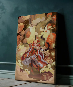 Vibrant fantasy scene with animated character and whimsical creatures