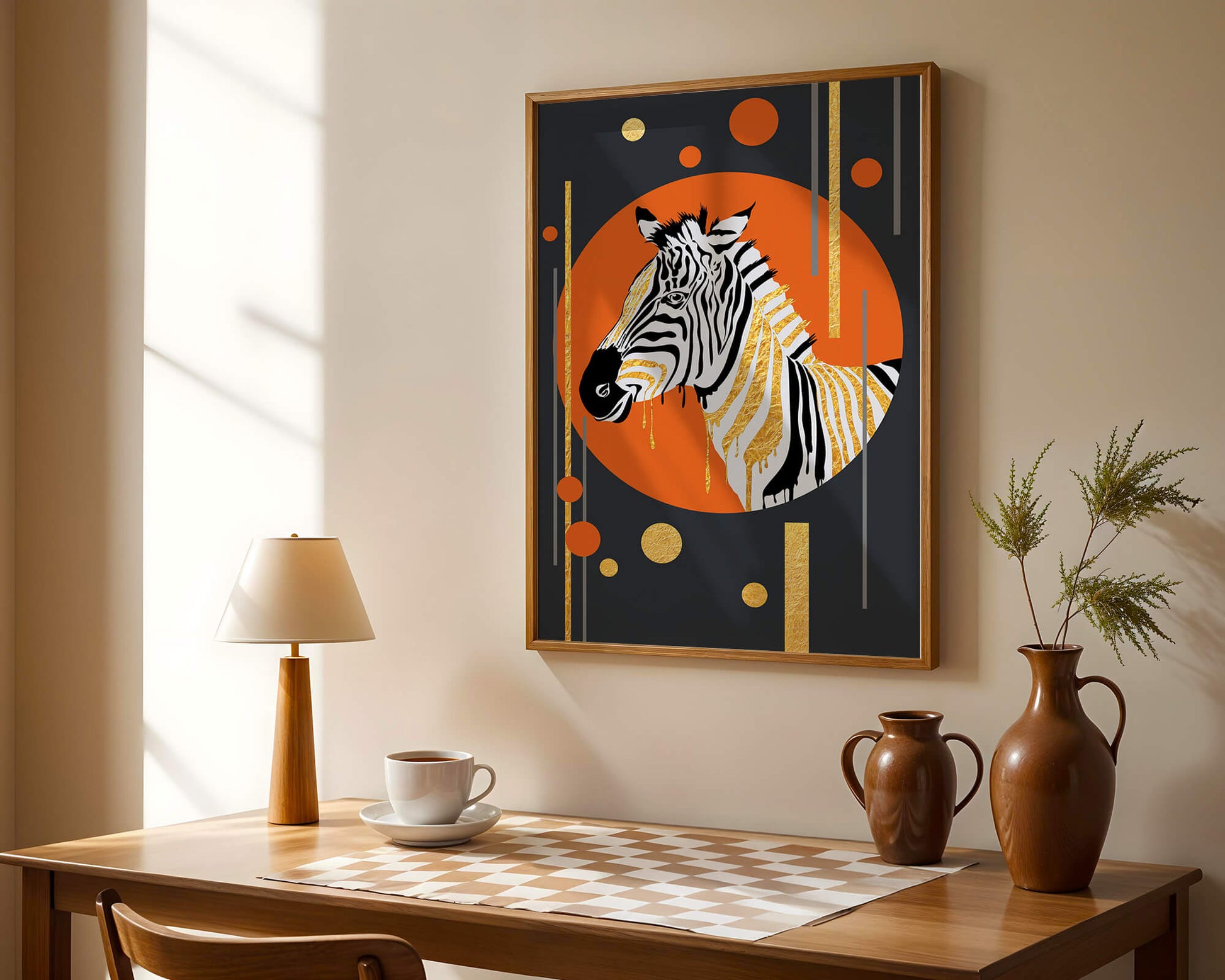 Modern zebra art with golden accents on abstract background