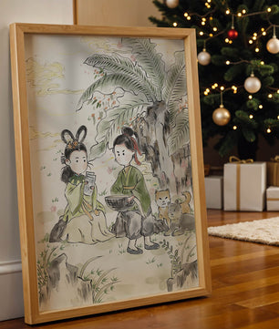 Arte asiático tradicional con dos personas y perros bajo un árbol