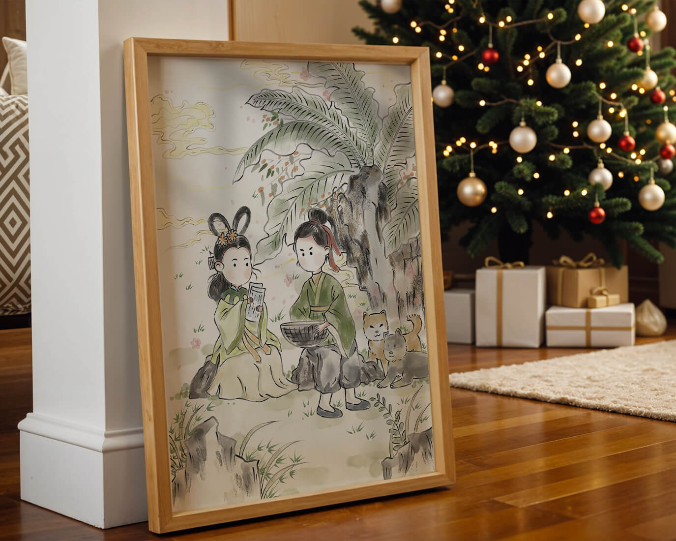 Arte asiático tradicional con dos personas y perros bajo un árbol