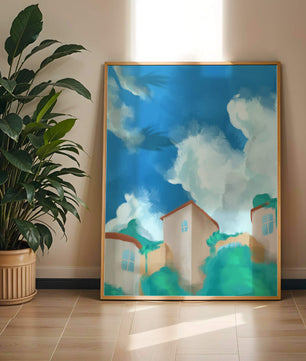 Serene landscape with houses and fluffy clouds against a blue sky