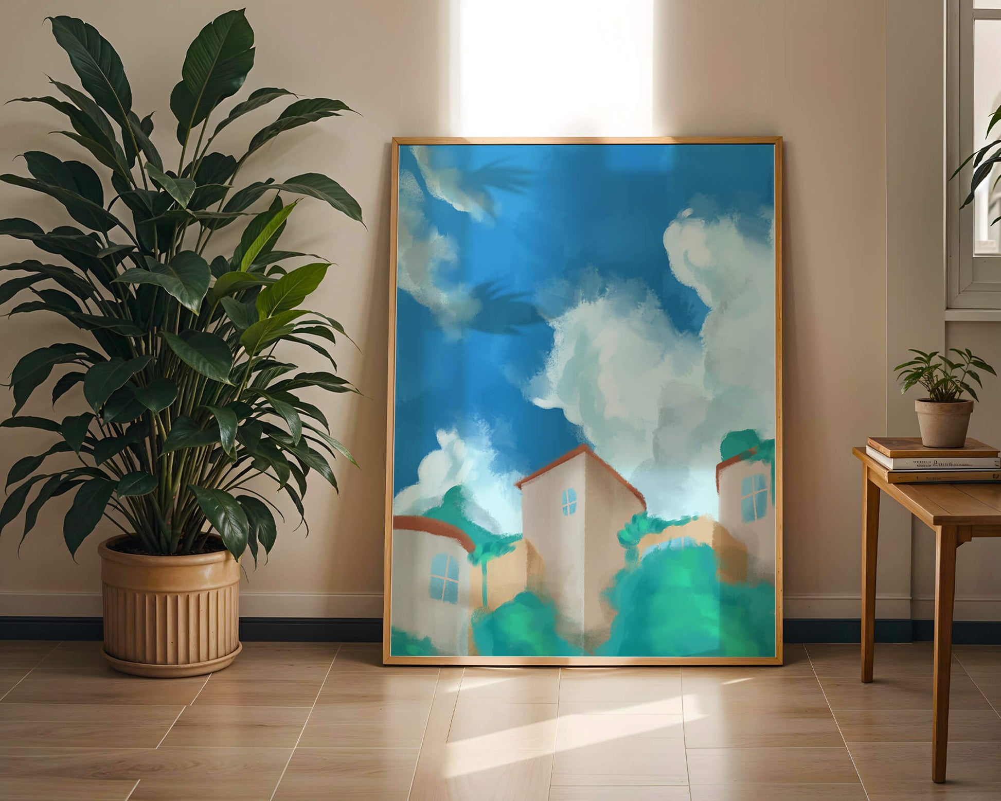 Serene landscape with houses and fluffy clouds against a blue sky