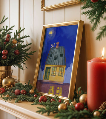 Charming Nighttime House with a Cat on the Roof Under the Moon