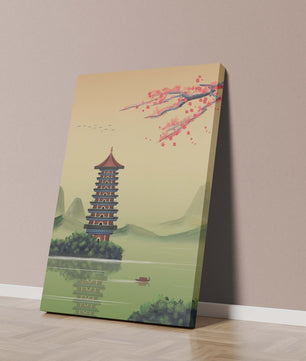 Serene landscape with traditional pagoda and blooming cherry blossoms
