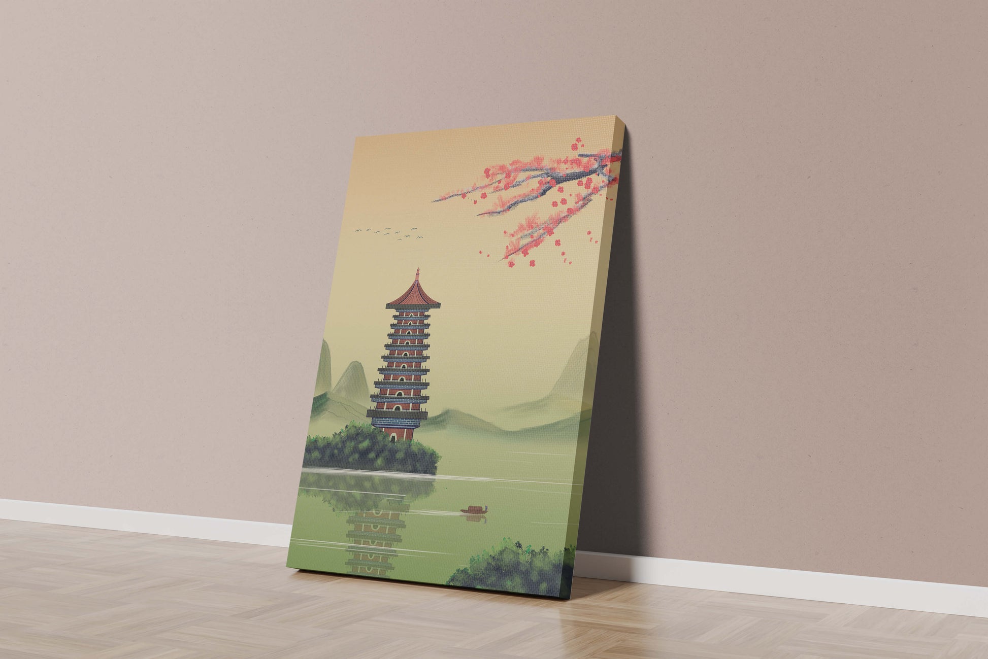 Serene landscape with traditional pagoda and blooming cherry blossoms