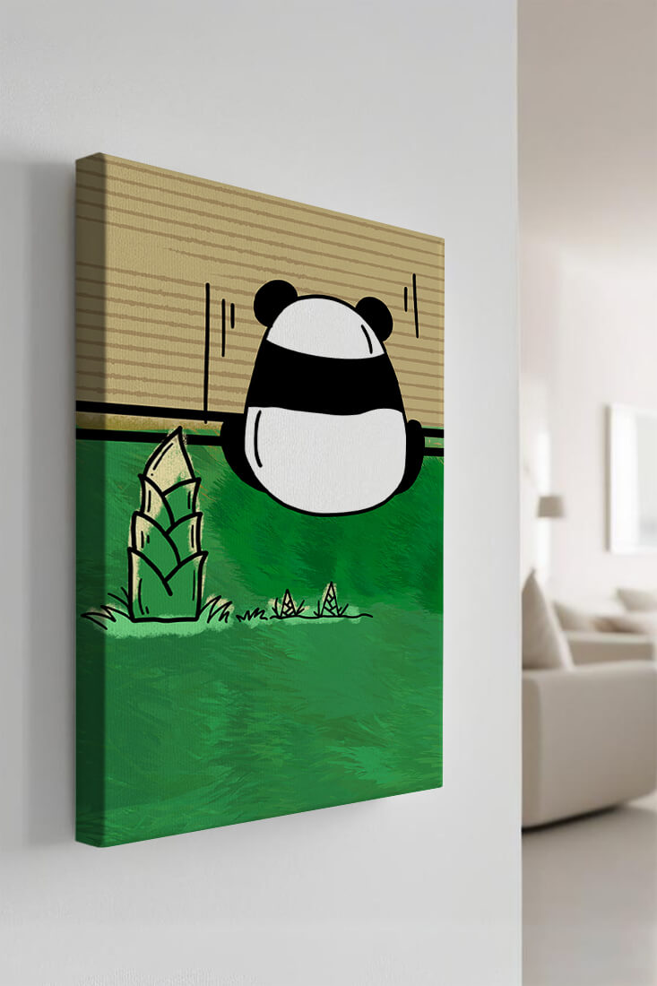 Whimsical panda in a green bamboo forest background
