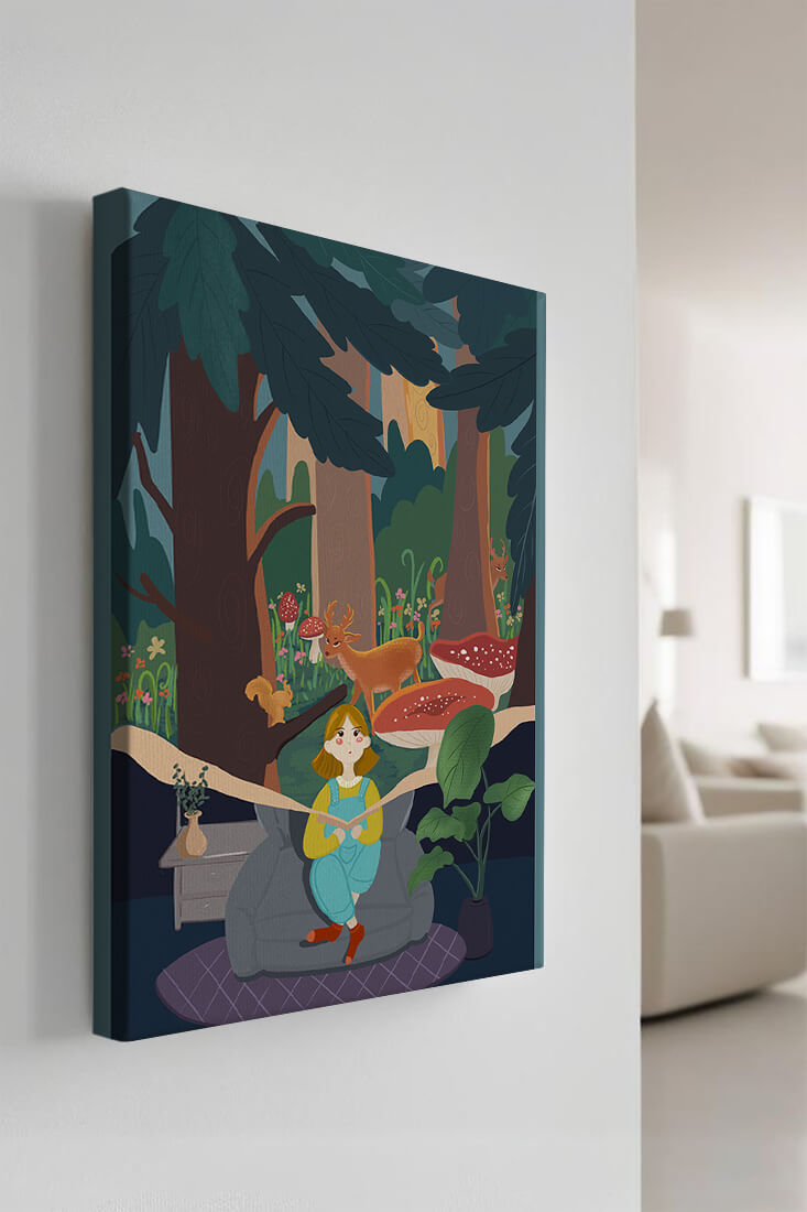 Figura femenina pacífica con criaturas del bosque y vegetación verde exuberante