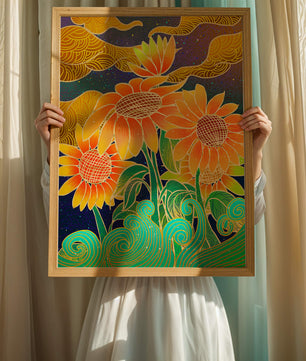 Vibrant sunflowers with intricate background patterns