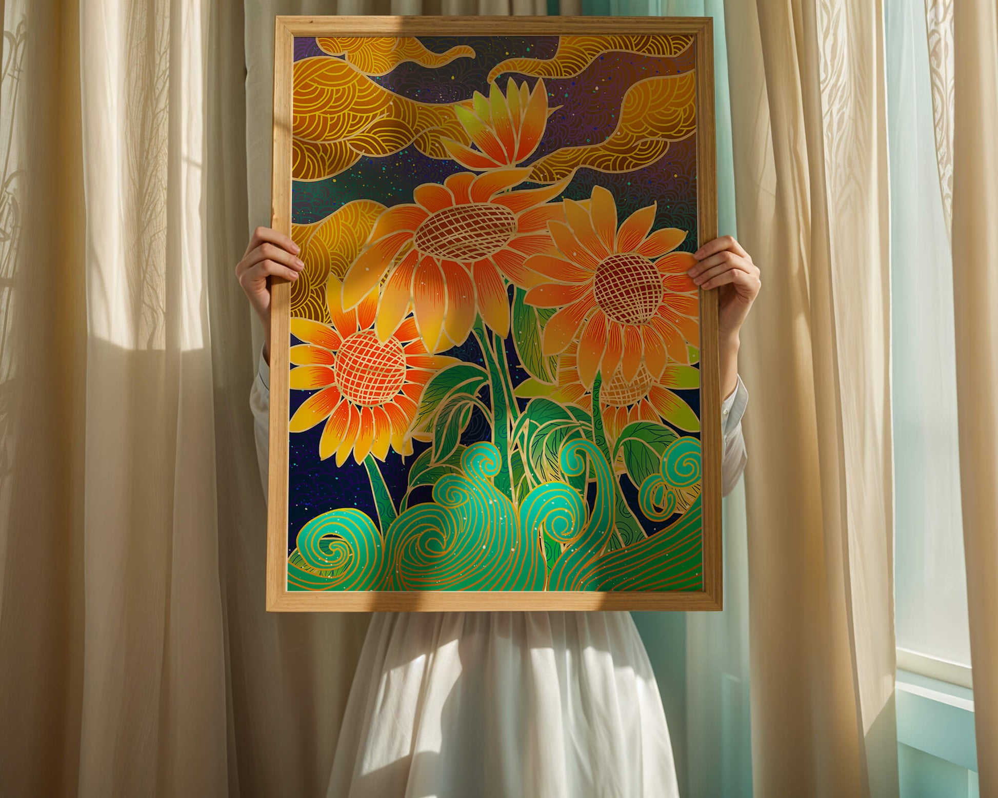 Vibrant sunflowers with intricate background patterns