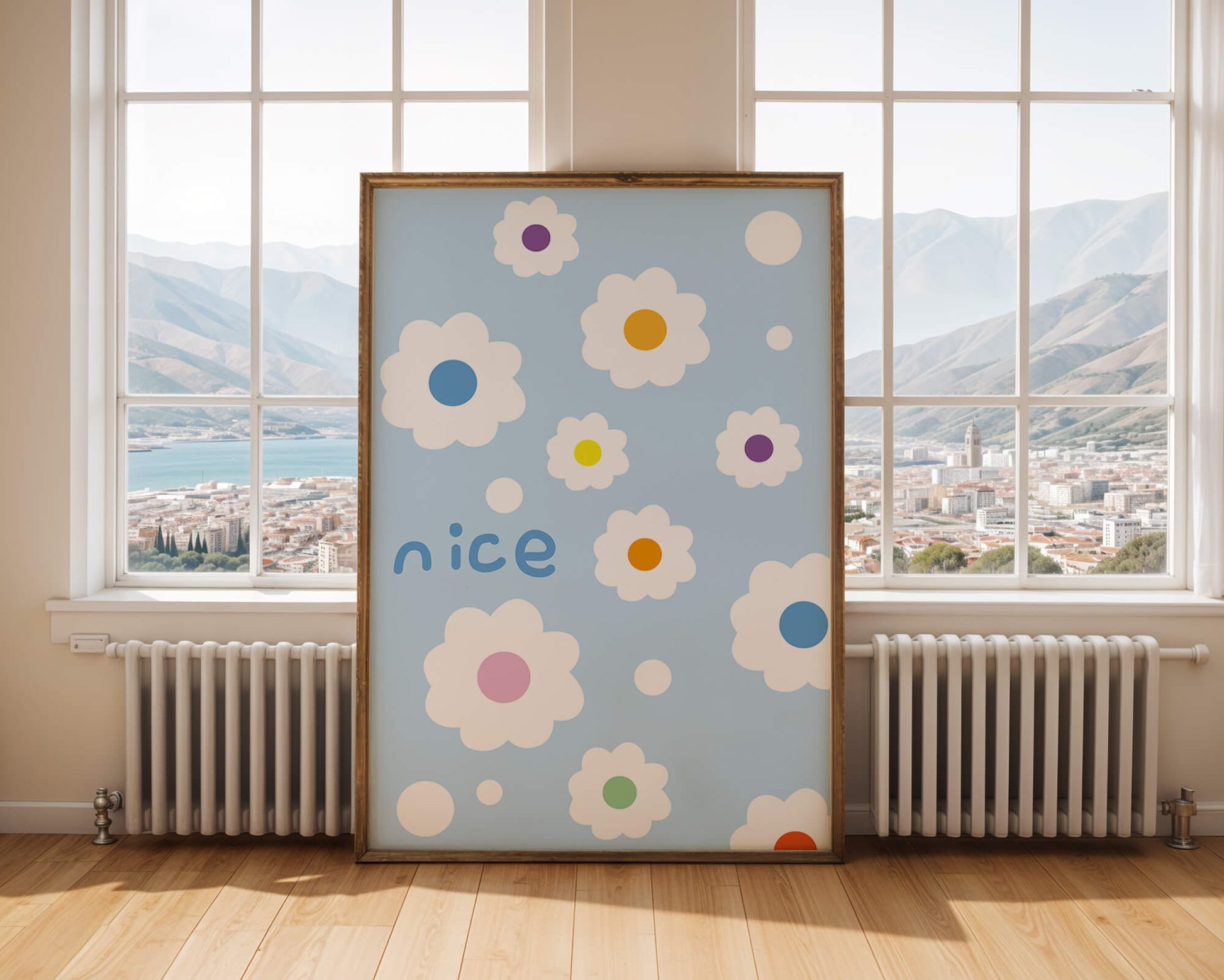 Pastel floral pattern with colorful centers on a blue background