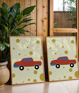 Ilustración abstracta de un coche rojo con círculos dorados sobre un fondo beige