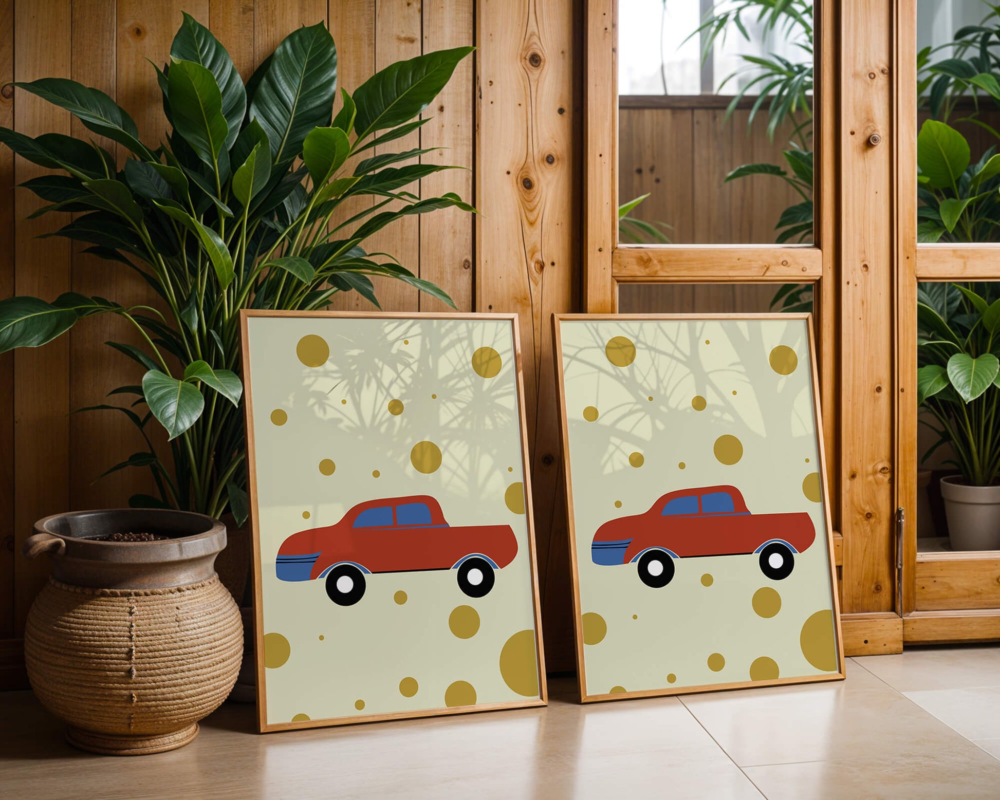 Abstract illustration of a red car with golden circles on a beige background