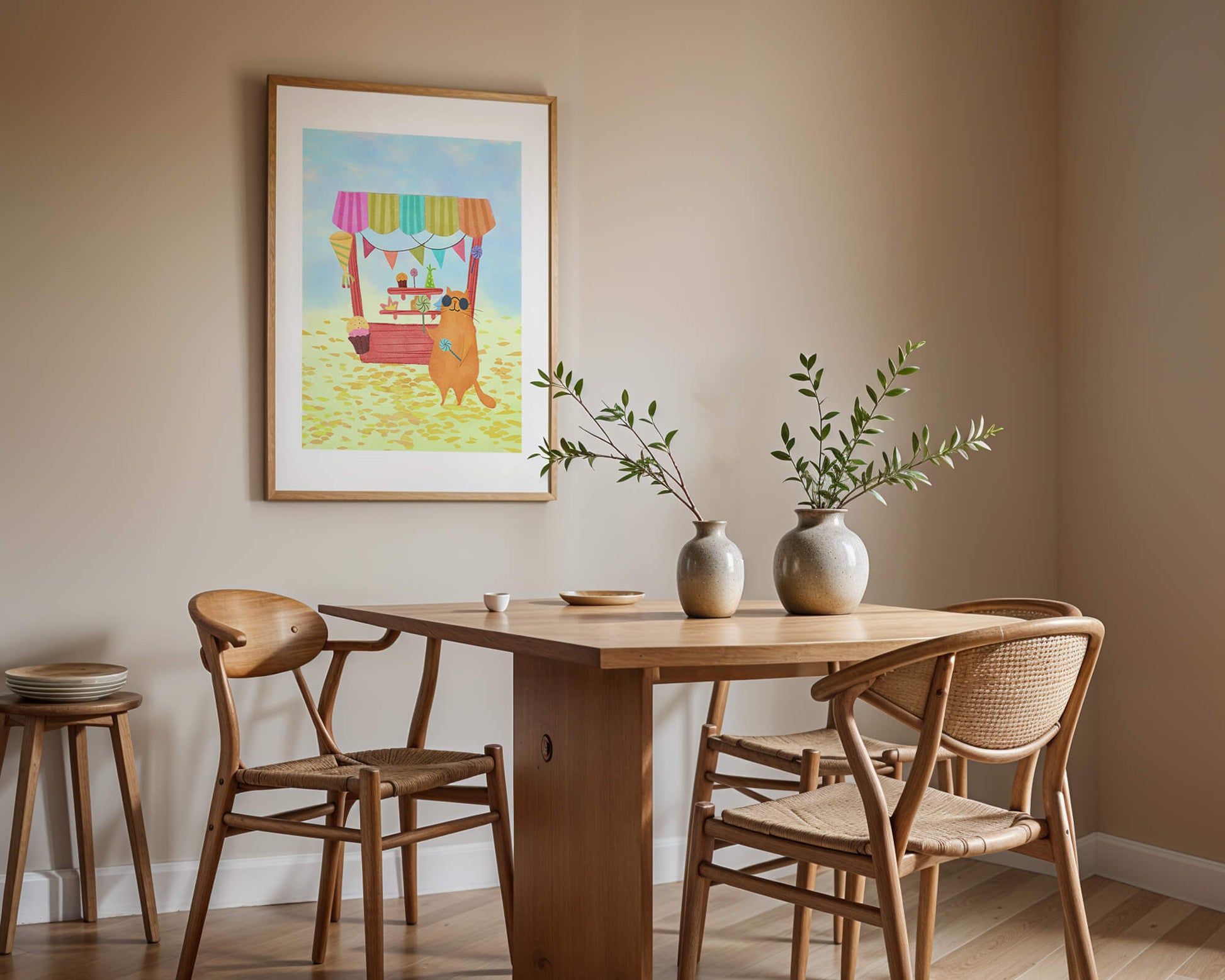 Illustrated Cat with Sunglasses at a Colorful Candy Stand