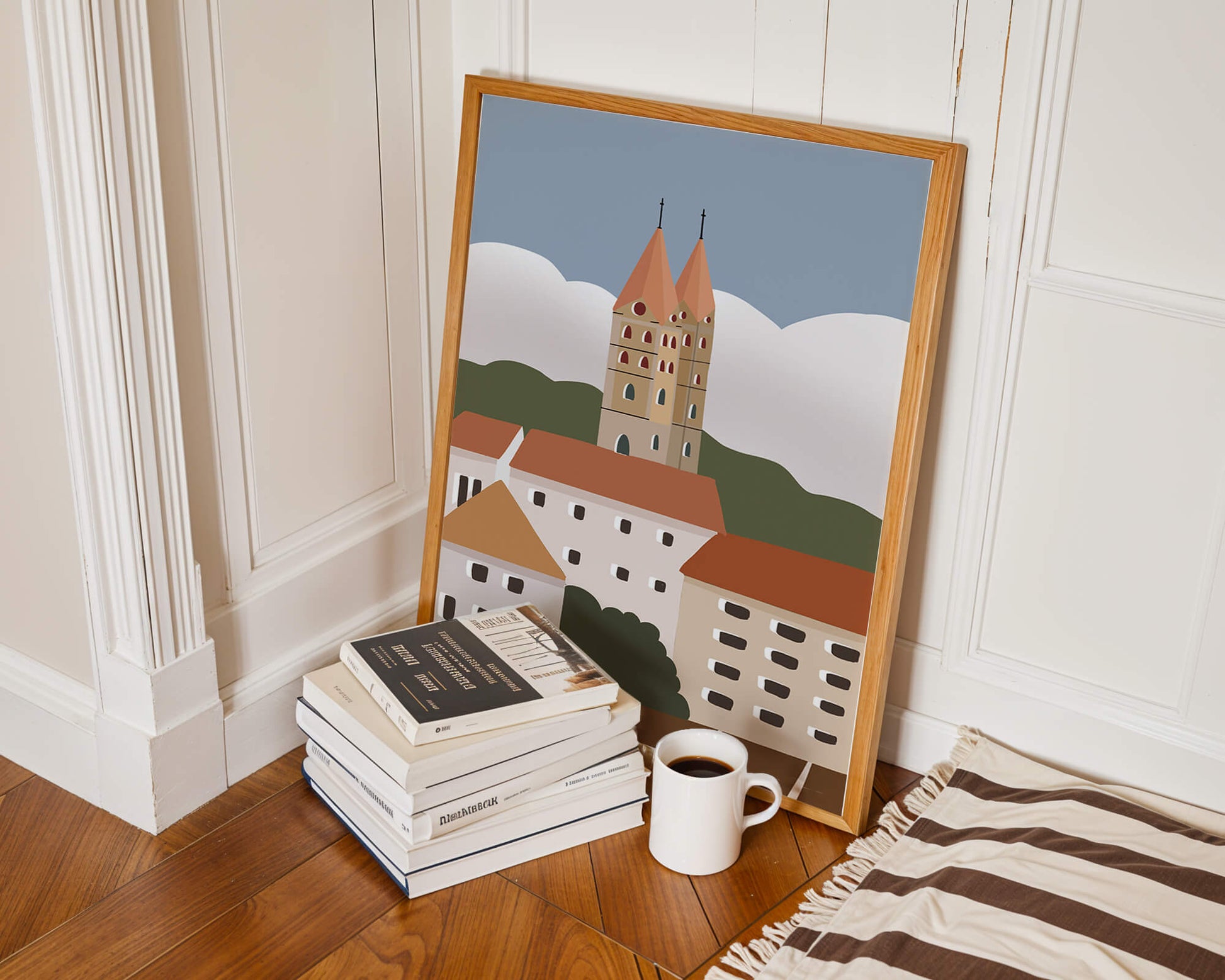 Charming European Cityscape with Church Towers and Colorful Buildings