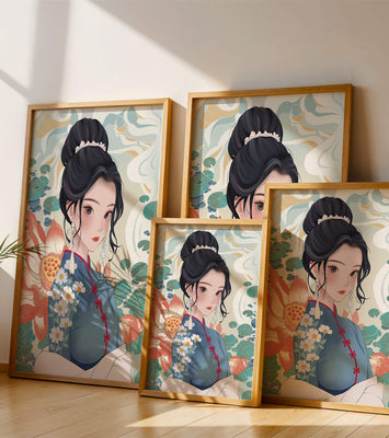 An Elegant Woman in Traditional Oriental Dress with Floral Patterns and Lotus Flowers
