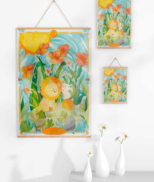 Charming watercolor illustration of lion and rabbit in a vibrant floral landscape