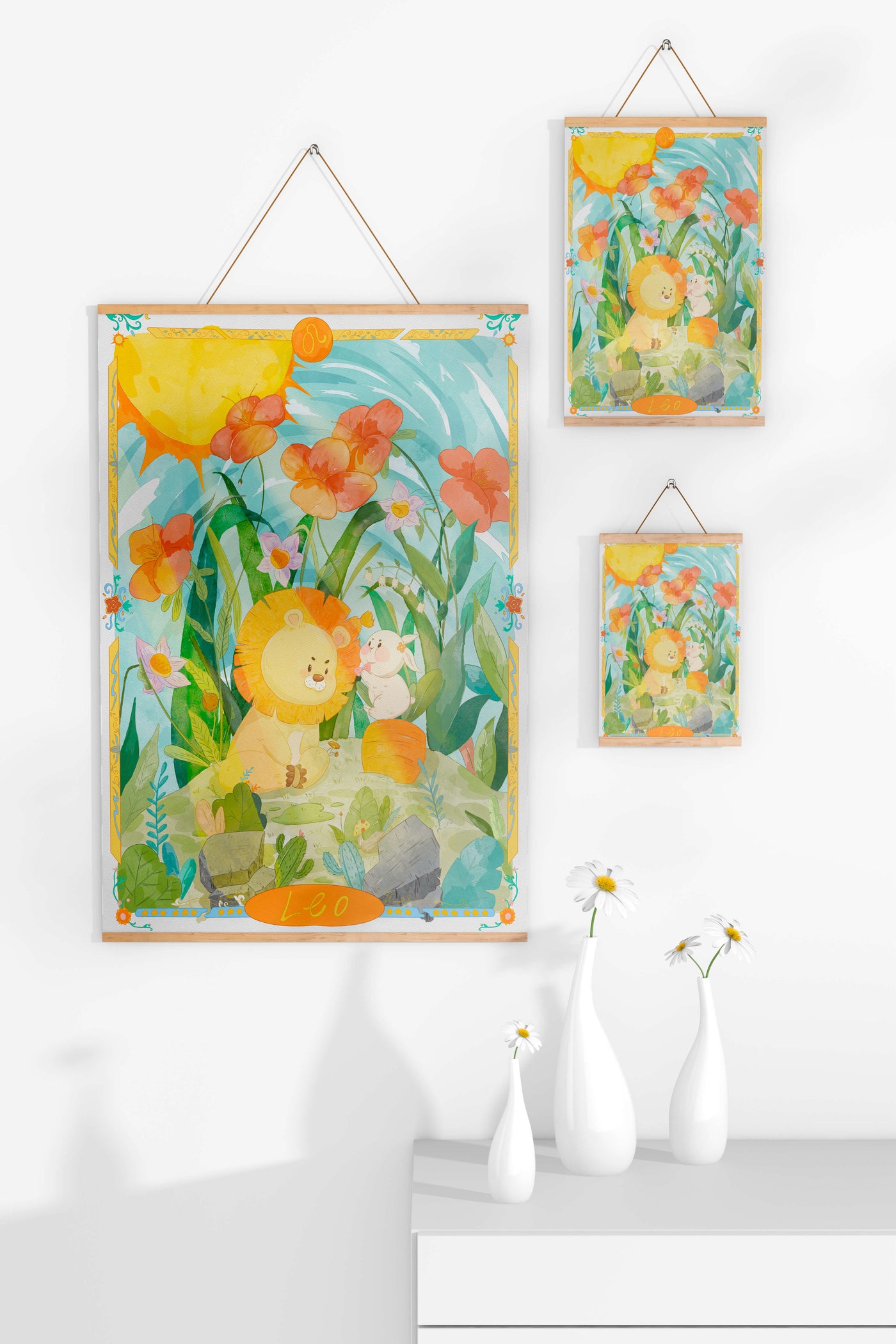Charming watercolor illustration of lion and rabbit in a vibrant floral landscape