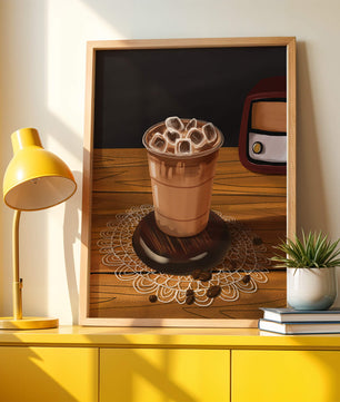 Escena de café vintage con café helado y radio retro