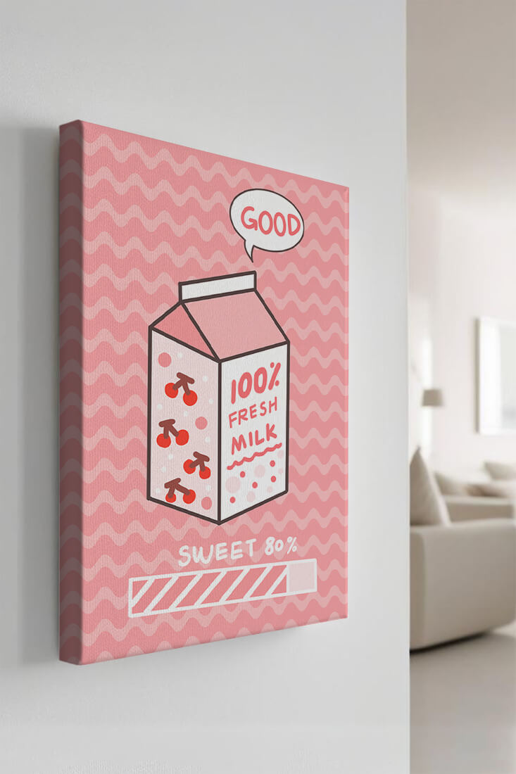 Playful illustration of milk carton with cherry design on pink background