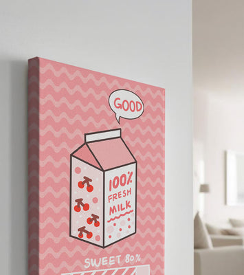 Playful illustration of milk carton with cherry design on pink background