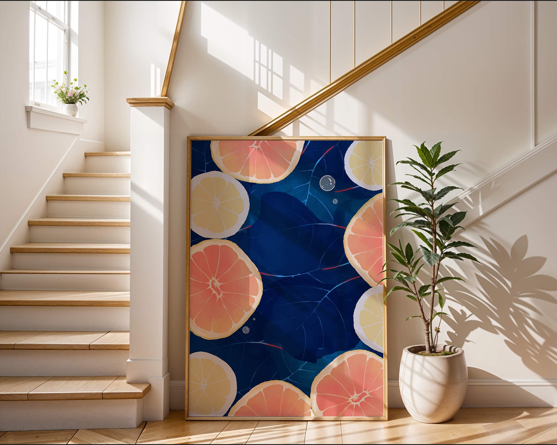 Frutas cítricas coloridas sobre fondo oscuro de hojas