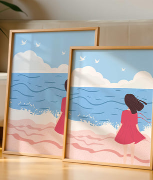 Serene seaside illustration with a girl in a pink dress gazing at the ocean