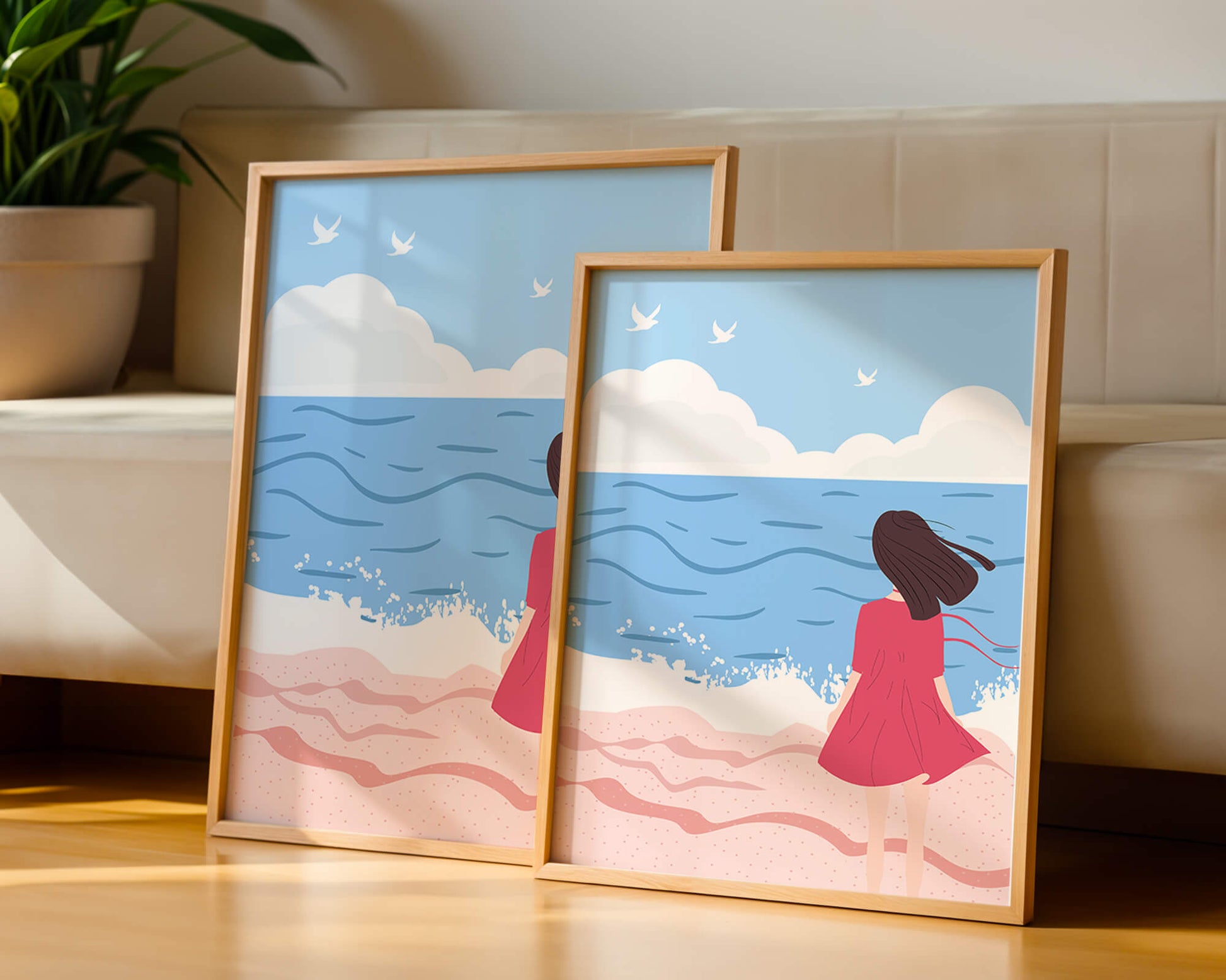 Serene seaside illustration with a girl in a pink dress gazing at the ocean