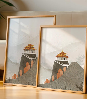 Serene mountain landscape with traditional Asian architecture