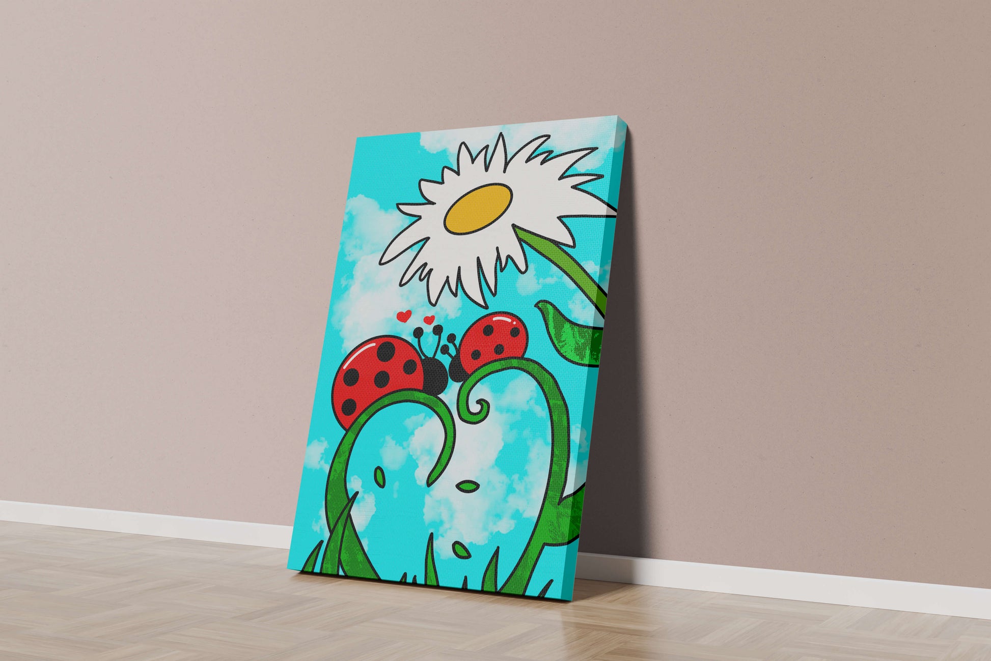 Ladybugs in love beneath a daisy on a bright sky