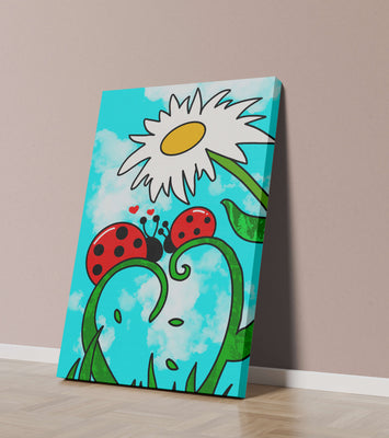 Ladybugs in love beneath a daisy on a bright sky