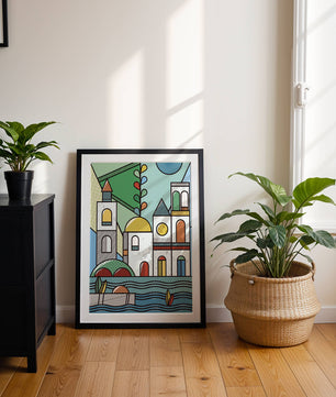 Paysage urbain géométrique coloré avec des éléments architecturaux modernes